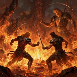 demon battle, in the hell, fire, lava, by greg rutkowski and thomas kinkade and christophe vacher. fantasy, epic, dramatic, realistic, artstation, 4 k