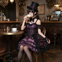 full body realistic photograph of a cute young japanese girl wearing a elegant gothic dress, open top, wearing a tophat, and glasses. drinking coffee in a steampunk cafe. studio lighting, at night, highly detailed