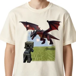 A screenshot of someone fighting the Ender dragon in first-person printed on a cream linen T-shirt