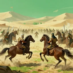 by greg rutkowski : old islam army about to enter a war with swords, realistic, fighting, horses, desert, green theme, 8 k detailed, artstation