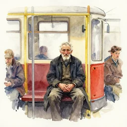 small centered on watercolor paper, paint brush strokes, abstract watercolor painting of old man sitting on tram, poor and rugged, cinematic light, national romanticism by hans dahl, by jesper ejsing, by anders zorn, by greg rutkowski, by greg manchess, by tyler edlin