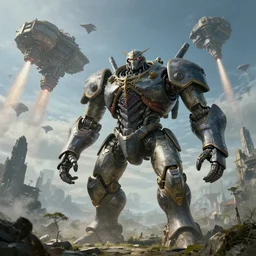 highly detailed elden ring portrait photo of a giant robotic metagross in a scenic dystopian environment. a fleet of even bigger massive spacecrafts lift off in the background, starting engines nitro jet drive, hyperrealistic illustration by william didier - pouget