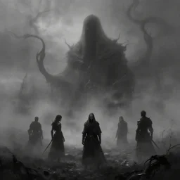 fantasy depiction of the realm of shadows shrouded by mist trails, low saturation, high contrast, mostly greyscale, in the style of marcin rubinkowski, greg rutkowski, lorenzo lanfranconi, oleg zherebin, trending on artstation
