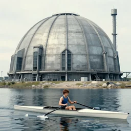 boy in a rowing boat in front of a sci fi nuclear containment building by simon stalenhag