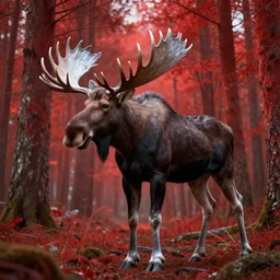 a beautiful and very detailed concept art of great moose spirit in the bright red forest with a silver antlers, dynamic lighting, trending on artstation, path traced, highly detailed, high quality, digital art, 4 k, hyper realistic, octane render, sharp focus