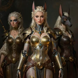 portrait of a beautiful female hybrid cyborg atlantean anubis elsa jean alien warrior, regal, realistic, refined, detailed, digital art, jessica rossier, michael cheval, esao andrews, steampunk, walt disney ( 1 9 3 7 ), francois boucher, oil painting, highly detailed, cinematic lighting, unreal engine, 8 k, hd