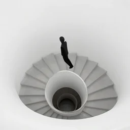 minimalist design of a figure falling down a spiral staircase, overhead view, simple shapes, 2 colors