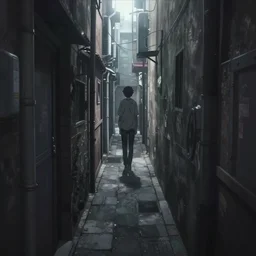 a single narrow narrow narrow close close up of an alleyway with ground visible in the cyberpunk anime film, Shichiro Kobayashi, screenshot in the anime series ergo proxy by (makoto shinkai), hazy and dreary