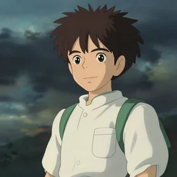 Boy slighty smiling, stormy sky, made by Studio Ghibli highly detailed art, beautiful scene, sharp focus, smooth, 8k, artgerm