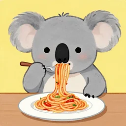 a painting of a koala eating spaghetti in toon art style