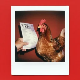 A medium-shot, polaroid police photograph of a chicken paying his taxes, red studio lighting, taken in 1997