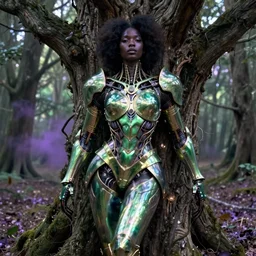 hyperrealistic post - raphaelite super expressive! black woman with exoskeleton armor, merging with tree in a forest, highly detailed digital art masterpiece smooth cam de leon eric zener dramatic pearlescent soft green purple light ground angle hd 8 k sharp focus