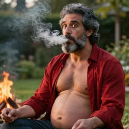 mr robert smoke weed and meditate in the garden, near the campfire, he has dark grey hairs, detailed glad face, muscular chest, pregnant belly, golden hour closeup photo, red elegant shirt, eyes wide open, ymmm and that smell