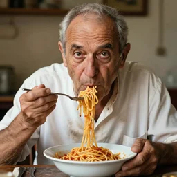 extremely detailed portrait of old italian cook, eating spaghetti from a bowl, using fork, lazy eyes, slurping spaghetti, dirty short sleeved shirt, full frame, award winning photo by letizia battaglia