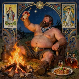 a dramatic, epic, ethereal painting of a !!!handsome!!! thicc chunky beefy mischievous shirtless with a big beer belly wearing a large belt and bandana offering a whiskey bottle | he is a cowboy relaxing by a campfire | background is a late night with food and jugs of whisky | homoerotic, rugged, short beard | stars, tarot card, art deco, art nouveau, mosaic, intricate | by Mark Maggiori (((and Alphonse Mucha))) | trending on artstation
