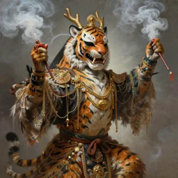 masterful fantastic realist painting an exotic ancient feathered and bejeweled bird wearing an exquisitely painted bugaku mask of a tiger, gold chains strung like tinsel, digital painting trending on artstation, viciously blinded, chinese dragon kite, swinging holy censors with thick smoke, volumetric lighting and mist, bugaku tiger cosplay, 3 / 4 portrait painting, hyperrealistic, octane