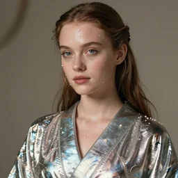 gorgeous young winona ryder wearing a futuristic metal kimono, half body portrait, greg kutkowski, sharp details, soft lighting, subsurface scattering, pearls of sweat, glistening skin, warm lighting