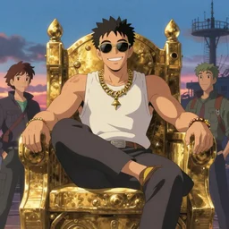 Zayn Malik as a muscular king of the underworld  smirking and wearing retro sunglasses while sitting on a golden throne, twilight, steelpunk, ghibli studio, nekro, Tom Bagshaw, Craig Mullins, octane 8k, by brian froud, Trending on ArtStation