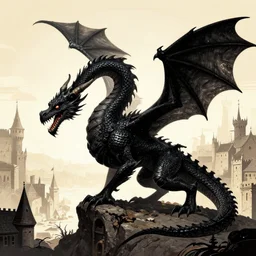 A black fire breathing dragon, medieval city, graphical art