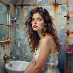 a _ beautiful _ glitched _ painting _ by _ robert _ proch _ of _ a _ woman _ in _ a _ glitched _ bathroom _ metal _ rust _ and _ plaster _ materials _ pixel _ sorting _ color bleeding