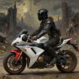 nobunaga oda on sport motorcycle, dystopian city, rembrandt oil painting, 4 k
