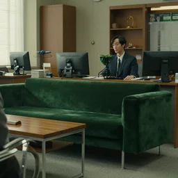 a still of severance series ( 2 0 2 2 ) indoor 7 0 s green velvet and wood with metal furniture office scenario appearing in a film of jacques tati