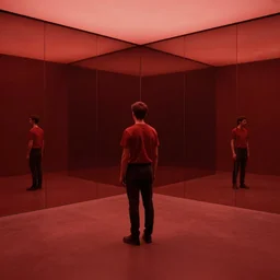 dark matter red art house future alone man going limbo hipper cubes reflection in the mirror room schizophrenia and stratification of consciousness mind man full HD 8K resolution
