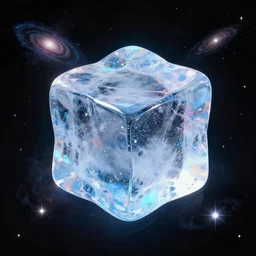 a realistic and colourful big ice cube floating in the universe, galaxies and stars at the black background, retro effect, high details