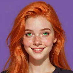 portrait of a beautiful smiling girl with orange hair and freckles, green eyes, highly detailed, digital painting, concept art, smooth, sharp, focus, background is purple, anime key visual, lois van baarle, ilya kuvshinov, rossdraws, artstation