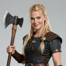an ultradetailed picture of blonde viking woman holding a battleaxe and smirking, 1 9 8 0 s rom com, fantasy, intricate, elegant, illustration, digital painting, smiling playfully, 8 k, artstation, fine detail, art by frank frazetta, jack kirby, albert aublet, frank herbert, rembrandt, and alphonse mucha