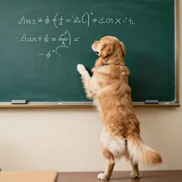 realistic photo of newton the golden retriever standing on two legs at a chalkboard while teaching calculus, classroom setting, peaceful lighting conditions, photograph