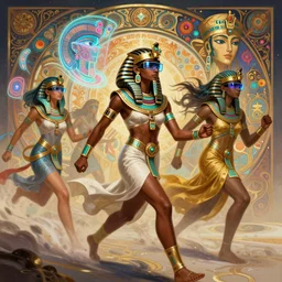 a whirlwind of souls rushing inside the metaverse, half body smooth dark skin, egyptian jewelry, three dimensional holograms, google glass, kemetic cyborg, moorish face, by loish, d & d, fantasy, intricate, elegant, highly detailed, colorful, vivid color, digital painting, artstation, concept art, art by artgerm and greg rutkowski and alphonse mucha