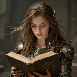 frontview of a girl reading a book, her hair flowing down, high detail, fine lines, hyperrealistic, futuristic, sci fi, steampunk, realistic