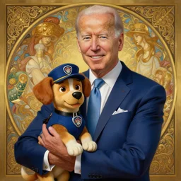 beautiful cottagecore handsome joe biden holding a paw patrol dog named chase, intricate, elegant, highly detailed, digital painting, artstation, concept art, smooth, sharp, focus, illustration, art by artgerm and greg rutkowski and alphonse mucha