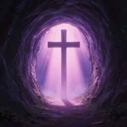a christian cross as the light is shining at the end of the tunnel, paradise outside of the tunnel, with pale purple and pale pink lighting, cute, aesthetic, anime, dark tunnel, with a few vines and overgrowth, studio ghibli, cinematic, painting, high definition, digital art, symmetrical, very detailed, extremely high detail, photo realistic, concept art, unreal engine 5,