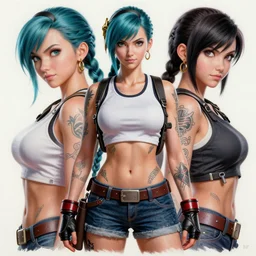 gorgeous!! hyper - realistic giant woman resembling bulma + felicia from darkstalkers + tifa lockhart, tattoos | drawn by artgerm, drawn by wlop, drawn by jeehyung lee | intricate, high detail, ultra graphics, photorealistic, symmetrical, cinematic, smooth, sharp focus, character design, expressive, cute, beautiful!! full body, concept art, octane render - h 8 3 2