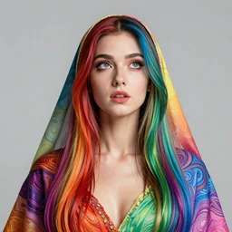 studio portrait of neutral good rainbow colorful female cleric bard healer as absurdly beautiful, elegant, realistic young gravure idol looking up, an ultrafine hyperdetailed photograph by kim jung gi, irakli nadar, intricate linework, detailed symmetrical faces, super sharp focus, bright colors, octopath traveler, unreal engine 5 highly rendered, global illumination, radiant light
