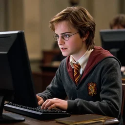 Still from Harry Potter movies, Emma Watson using a computer during school