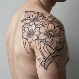 straight mirrored minimalist art nouveau shoulder tattoo, wide, intricate detail, simple lines, flowery