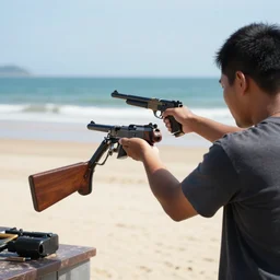 photograhy of a guy selling guns in the beach, 4k