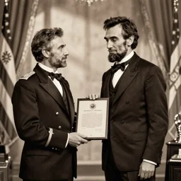 John Wilkes Booth being given a presidential pardon by Abraham Lincoln, sepia, from the archives of The Smithsonian
