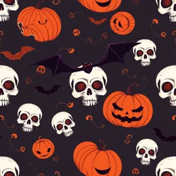 spooky halloweeen pattern, skull, bat, pumpkin, scary