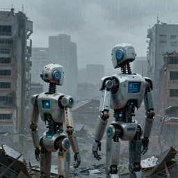 a heartfelt unspoken love story between two robots overlooking a crumbling empty city, third person, cyberpunk, dystopia, rain, bittersweet, realism, painting