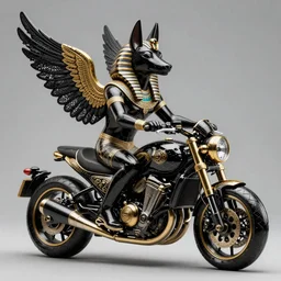 fine art statue of black egyptian god anubis on a surrealist motorbike, ebony art deco, carved black marble, inlaid with ebony and gold accents, ebony rococo, wings black lace wear, sculpted by spider zero, zaha hadid, beautifully lit, hyper detailed, intricate, elite, ornate, photorealistic, micro details, 3 d sculpture, ray trace