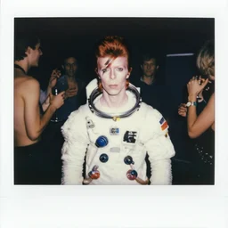 A photograph of David Bowie wearing a spacesuit at a party by Andy Warhol. Polaroid film