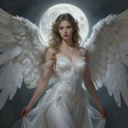 A beautiful digital painting of a sexy female angel of death, princess, the moon behind her, intricate, cinematic lighting, highly detailed, digital painting, Artstation, concept art, smooth, sharp focus, illustration, art by Tom Bagshaw, Artgerm and Greg Rutkowski