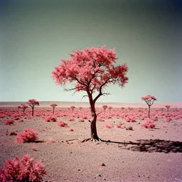 a surprisingly isolated tree, aerochrome forest on the surface of mars. photo on areochrome film by neil burnell. detailed defined. 4 k photograph on infrared aerochrome film