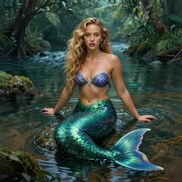 a beautiful portrait of jennifer lawrence as a mermaid in a river of the amazon, ayahuasca, fantasy art, highly detailed, matte painting, visionary art