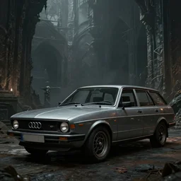 Armored and Armed Audi 80 B3 Avant (1988), Dark Souls 3, a grim fantasy, Anor Londo, dramatic lighting, cinematic, establishing shot, extremely high detail, photorealistic, cinematic lighting, artstation, by simon stalenhag