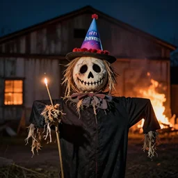 portrait photo still of a spooky scarecrow holding a match, wearing a birthday hat, in front of an old warehouse on fire at night, 8 k, 8 5 mm f 1. 8